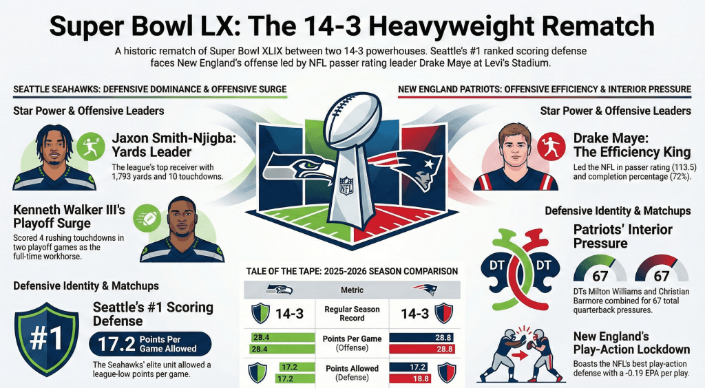 Super Bowl LX matchup analysis infographic